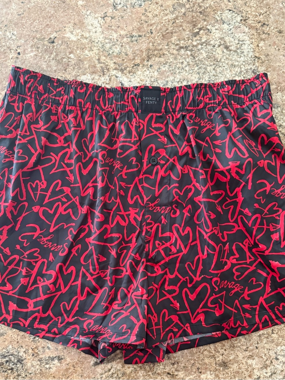Savage X Fenty Men's Black Boxer Shorts with Red Heart Print